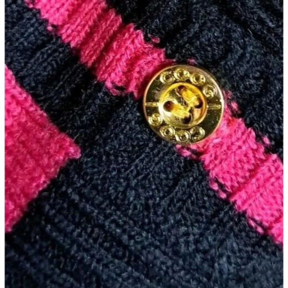 Coogi Cardigan Sweater Women L Pink Black Striped Vintage Retro 90s Letterman - Picture 7 of 9